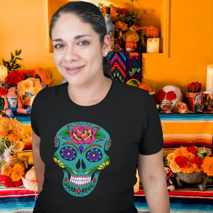 Teal Sugar Skull Dia de los Muertos T-Shirt