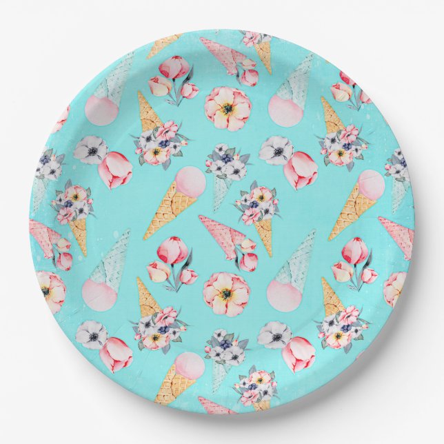 Teal Summer Fun Flower Ice Cream Cone - Pattern Paper Plate (Front)