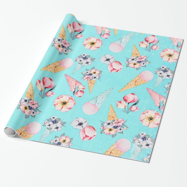 Teal Summer Fun Flower Ice Cream Cone - Pattern Wrapping Paper (Unrolled)