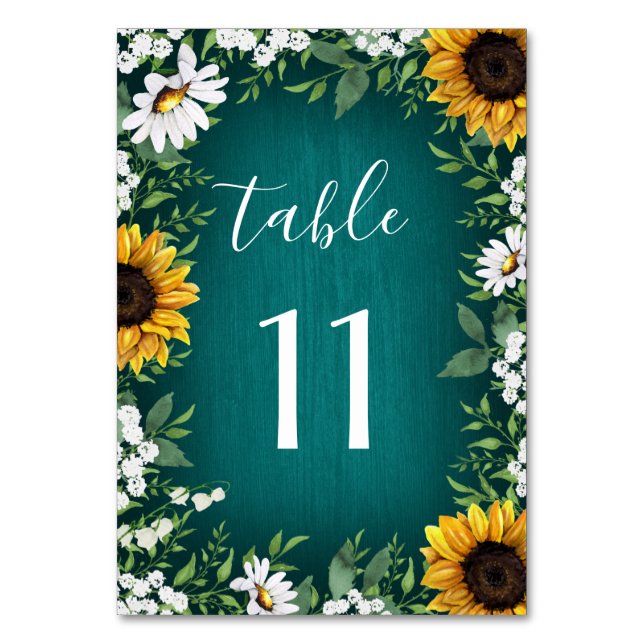 Teal Sunflower Country Wedding Table Number Cards (Front)