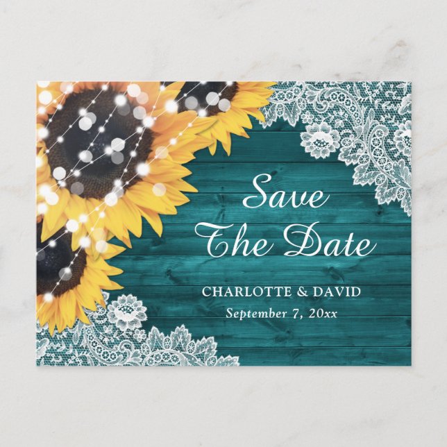 Teal Sunflower Greenery Wedding Save The Date Announcement Postcard (Front)