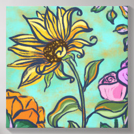 Teal Sunflower & Roses Canvas Wall Art Photo Tile