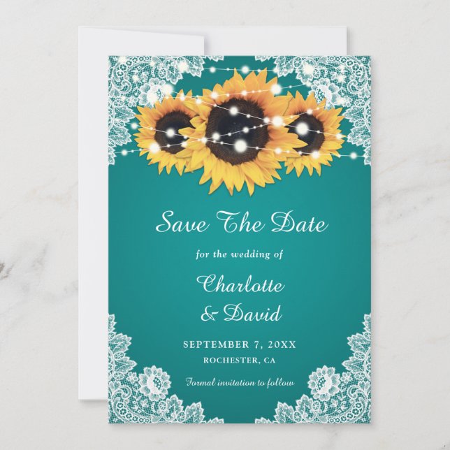 Teal Sunflower Save The Date Cards (Front)
