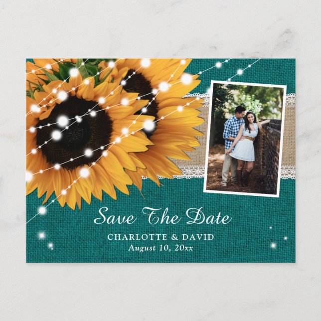 Teal Sunflower Save The Date Photo Postcards (Front)
