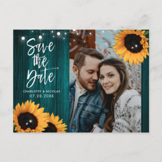 Teal Sunflower Wedding Save The Date Photo Postcard
