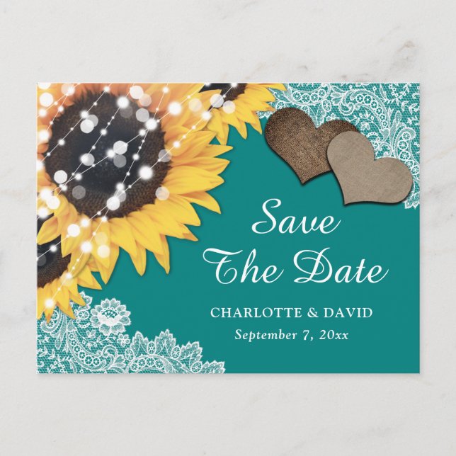 Teal Sunflower Wedding Save The Date Postcard (Front)