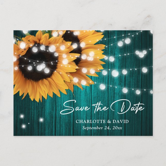 Teal Sunflower Wedding Save The Date Postcard (Front)