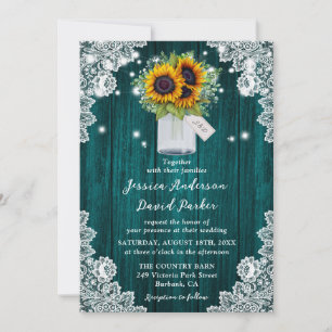 Teal Sunflower Wood Lace Mason Jar Wedding Invitation