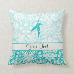 Teal Surfing Girl Throw Pillow