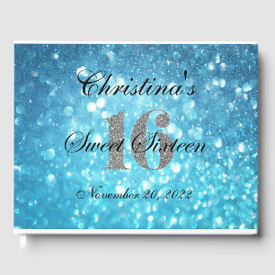 Teal Sweet 16 Silver Glitter Custom Guest Book