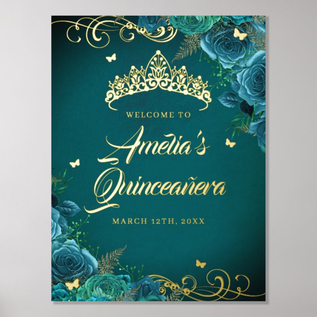 Teal Swirl Quinceanera Welcome Sign Gold   (Front)