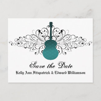 Teal Swirls Guitar Save the Date Postcard