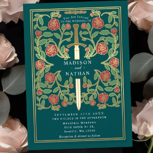 Teal Sword Floral Medieval Fantasy Wedding Invitation