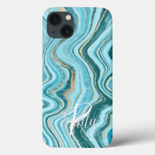  Teal & Tan Agate Marble Abstract Name Monogram  iPhone 13 Case