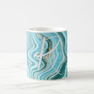 Teal Tan Agate Marble Abstract Name Monogram Coffee Mug