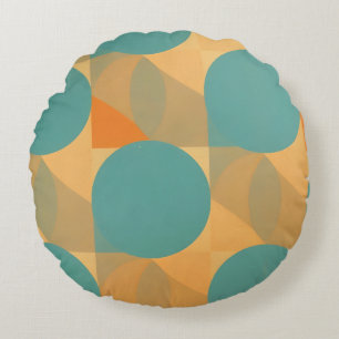 Teal, Tan, and Orange in Retro Look Pattern Round Pillow
