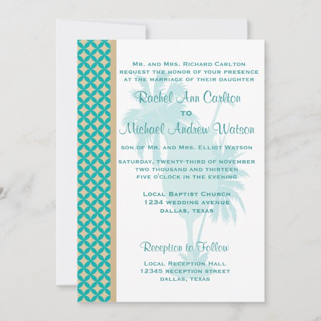 Teal & Tan Khaki Beach Wedding Invitations (Front)
