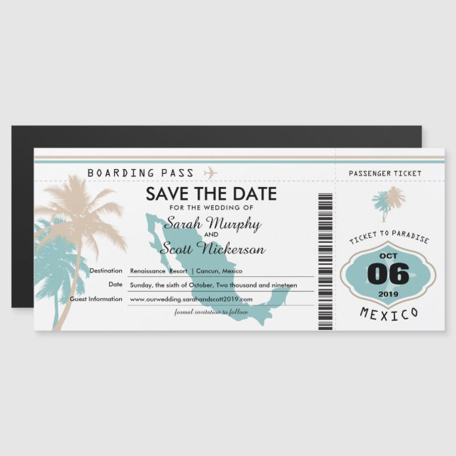Teal Tan Save the Date Boarding Pass to Mexico Magnetic Invitation (Front/Back)