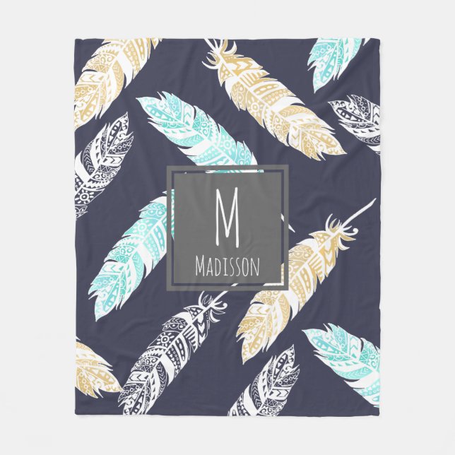 Teal Tan White Boho Tribal Feathers - Personalized Fleece Blanket (Front)