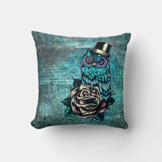 Teal tattoo style sugar skull owl with hat pillow (Front)