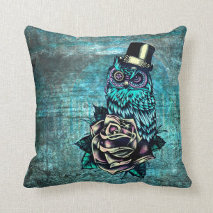 Teal tattoo style sugar skull owl with hat pillow