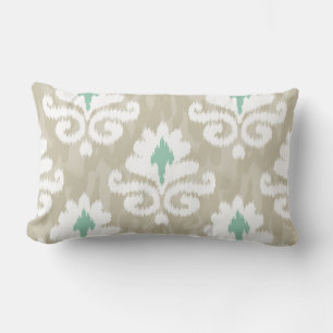 Teal & Taupe Ikat Turquoise Ethnic Boho Print Lumbar Pillow