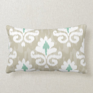 Teal & Taupe Ikat Turquoise Ethnic Boho Print Lumbar Pillow