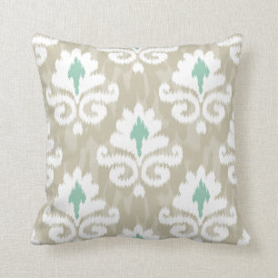 Teal & Taupe Ikat Turquoise Ethnic Boho Print Throw Pillow
