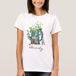 Teal Teapot Fairytale House Watercolor T-Shirt