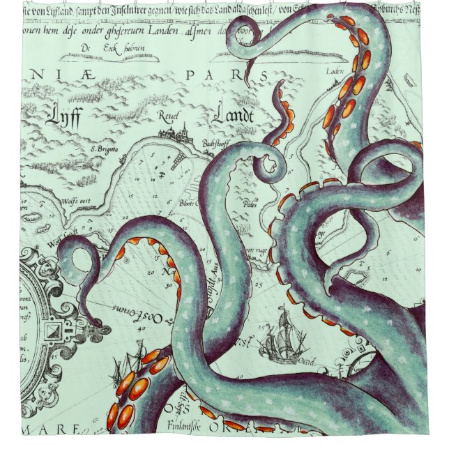 Teal Tentacles On Teal Vintage Map (Front)