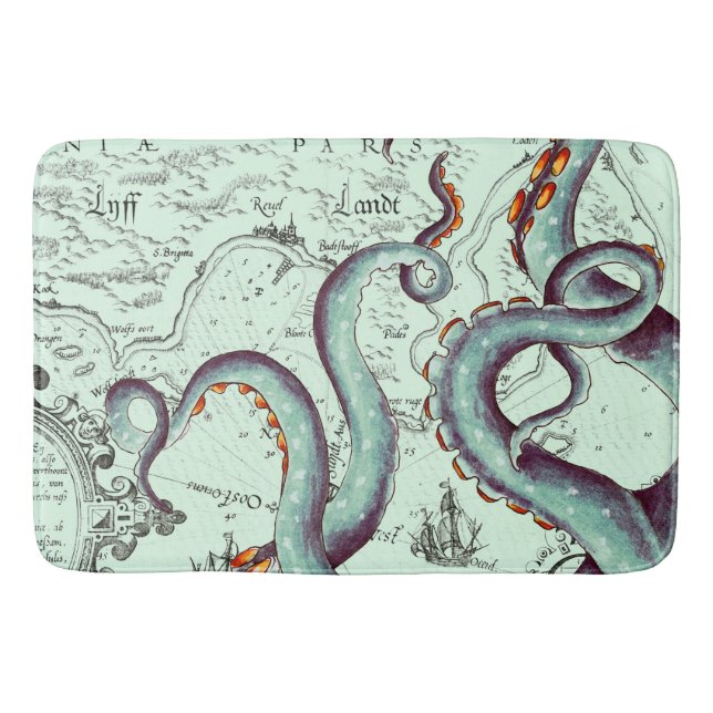Teal Tentacles On Teal Vintage Map Bath Mat (Front)