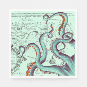 Teal Tentacles On Teal Vintage Map Napkin