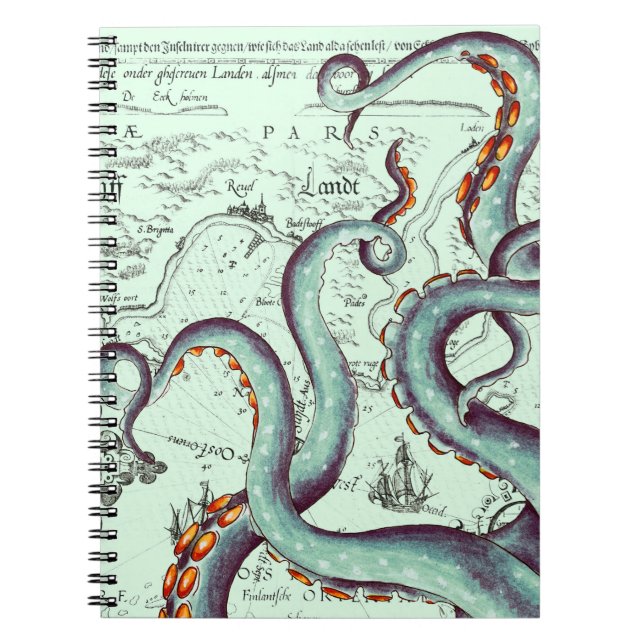 Teal Tentacles On Teal Vintage Map Notebook (Front)