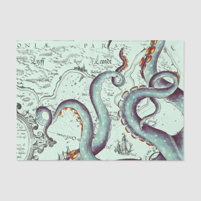 Teal Tentacles On Teal Vintage Map Tissue Paper (Front)