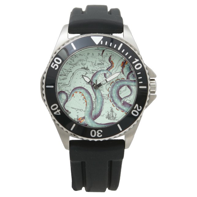 Teal Tentacles On Teal Vintage Map Watch (Front)