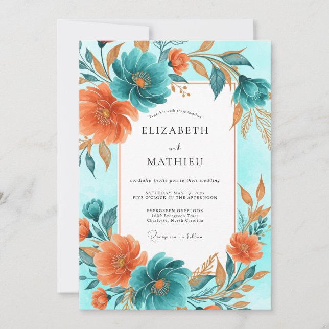 Teal Terracotta Artistic Autumnal Wedding Invitation (Front)
