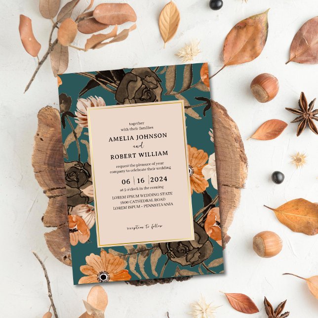 Teal Terracotta Watercolor Floral  Fall Wedding Invitation (Creator Uploaded)