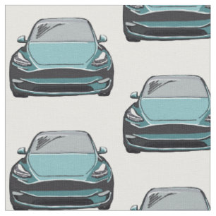 Teal Tesla Model Y Hand Drawn Sketch Fabric