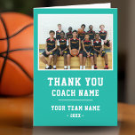 Teal Thank you Coach Card Team Name Photo<br><div class="desc">Teal Thank you Coach Card Team Name Photo. Personalize with your coach name,  team name and year. You can change any text on the card or erase it. A great card for a coach! Add a team photo and get the team to sign the non-designed areas of the card.</div>