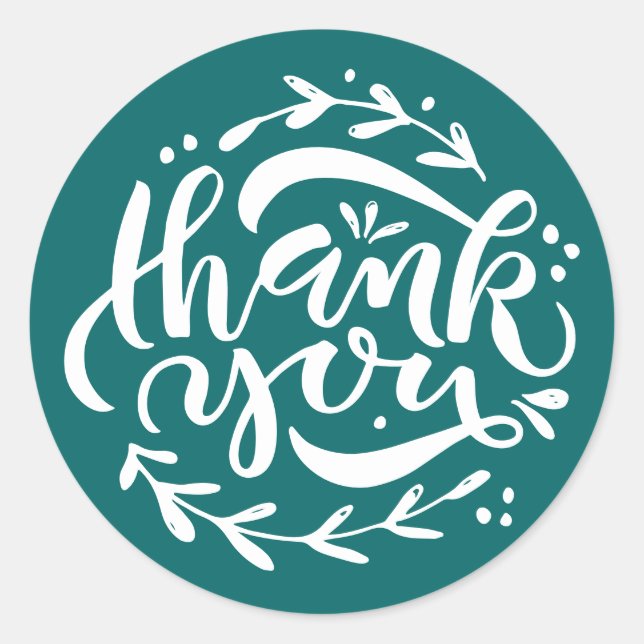 Teal Thank You Modern Calligraphy Wreath Classic Round Sticker (Front)