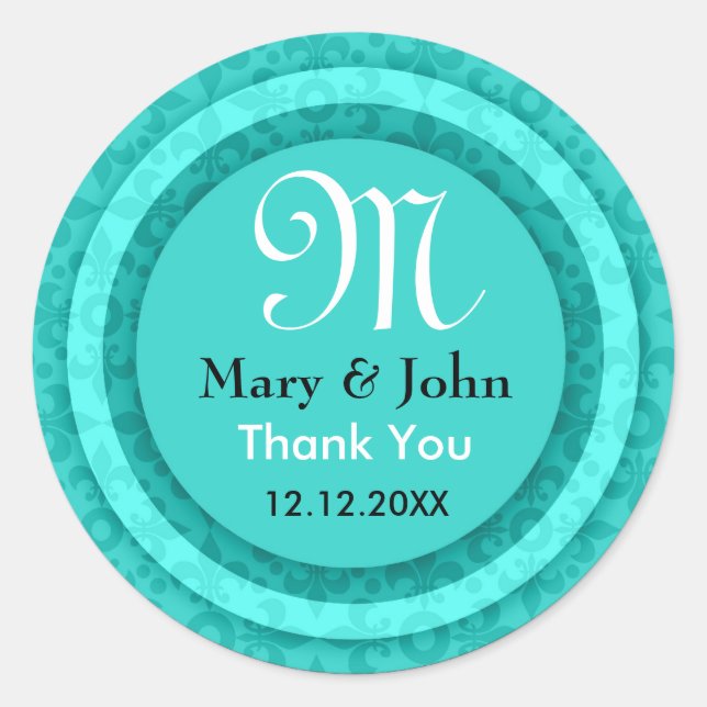 Teal Thank You Monogram Initial Bride and Groom Classic Round Sticker (Front)