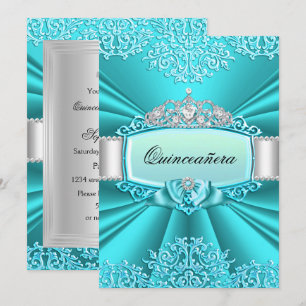 Teal Tiara Damask Quinceanera Party Invitation