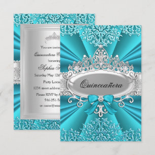 Teal Tiara Damask Quinceanera party Invite