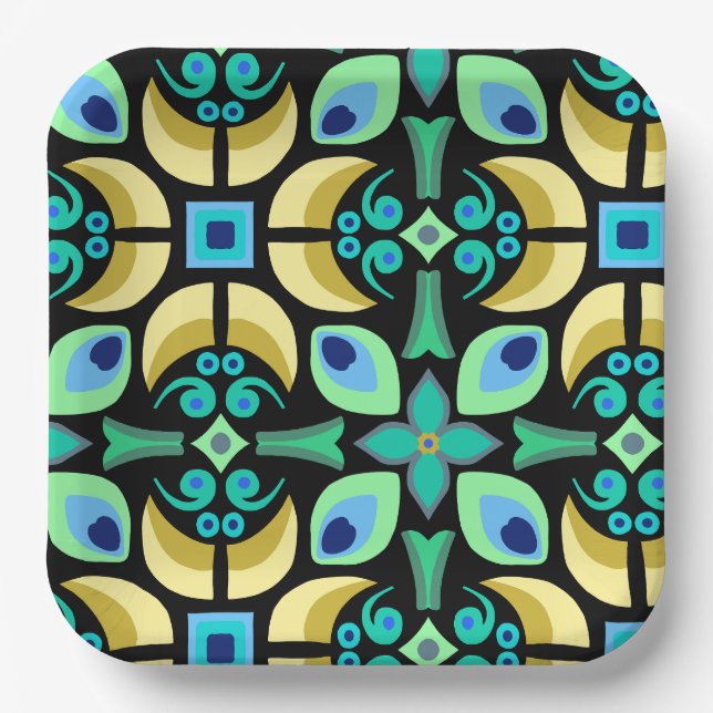 Teal tile pattern Paper Plate (Front)