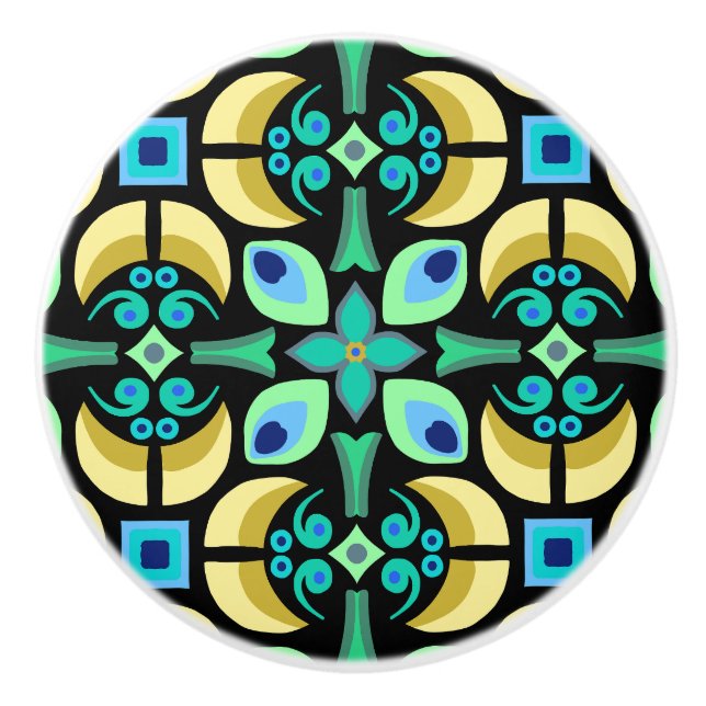Teal tile pattern with black background  ceramic knob (Front)