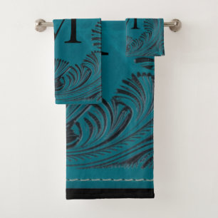 Teal Tooled Faux Leather Western Floral Decor Bath Towel Set
