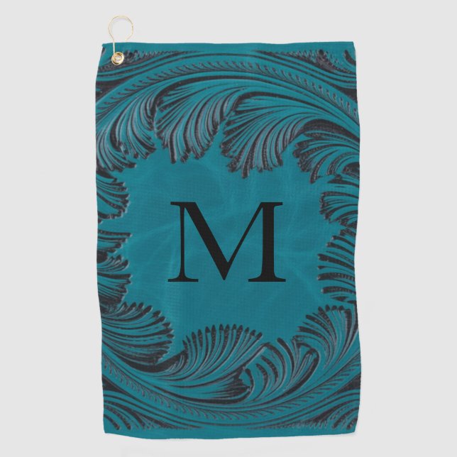 Teal Tooled Faux Leather Western Floral  Golf Towel (Front)