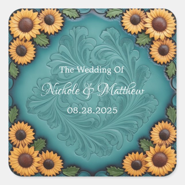 Teal Tooled Leather Sunflower Border Wedding Square Sticker (Front)