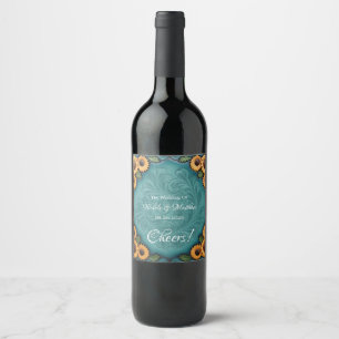 Teal Tooled Leather Sunflower Border Wedding Wine Label