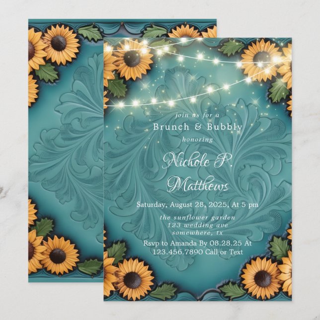 Teal Tooled Leather Sunflower Brunch & Bubbly Invitation (Front/Back)